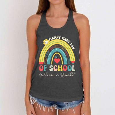 Happy First Day Of School Welcome Back To School Teachers Women's Knotted Racerback Tank