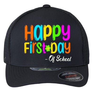 Happy First Day Of School Teacher Back To School Student Flexfit Unipanel Trucker Cap