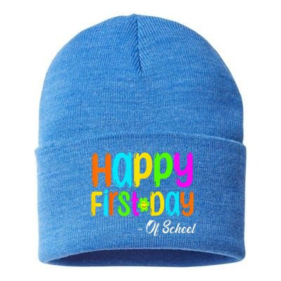 Happy First Day Of School Teacher Back To School Student Sustainable Knit Beanie