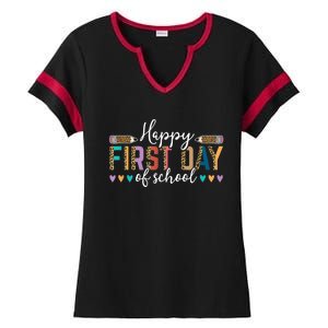 Happy First Day Of School Teacher Leopard Back To School Ladies Halftime Notch Neck Tee