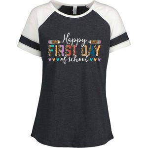 Happy First Day Of School Teacher Leopard Back To School Enza Ladies Jersey Colorblock Tee