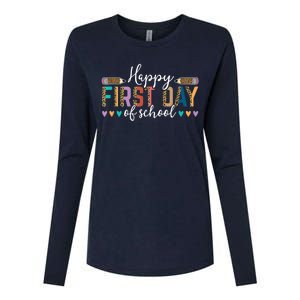 Happy First Day Of School Teacher Leopard Back To School Womens Cotton Relaxed Long Sleeve T-Shirt