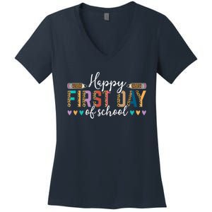 Happy First Day Of School Teacher Leopard Back To School Women's V-Neck T-Shirt