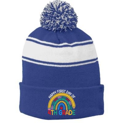 Happy First Day Of 4Th Grade Rainbow Team Fourth Grade Funny Gift Stripe Pom Pom Beanie