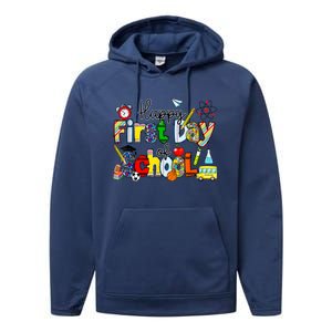 Happy First Day Of School Teachers Students Back To School Performance Fleece Hoodie