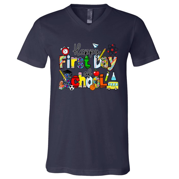 Happy First Day Of School Teachers Students Back To School V-Neck T-Shirt