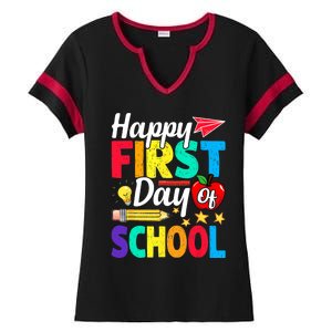 Happy First Day Of School Cute Funny Back To School Ladies Halftime Notch Neck Tee