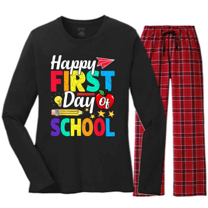 Happy First Day Of School Cute Funny Back To School Women's Long Sleeve Flannel Pajama Set 