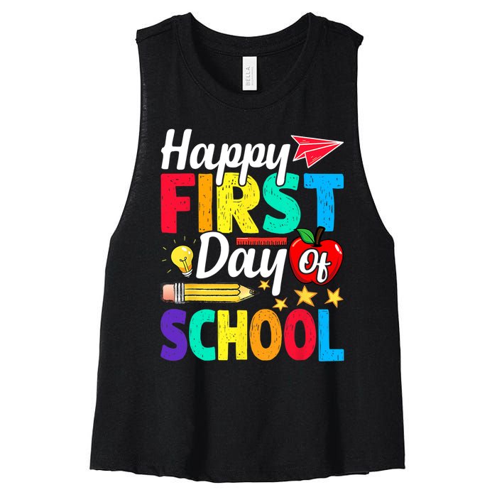 Happy First Day Of School Cute Funny Back To School Women's Racerback Cropped Tank