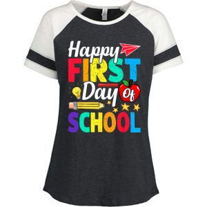 Happy First Day Of School Cute Funny Back To School Enza Ladies Jersey Colorblock Tee