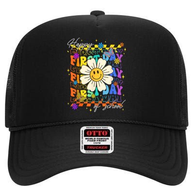 Happy First Day Of School Cute Funny Back To School High Crown Mesh Back Trucker Hat