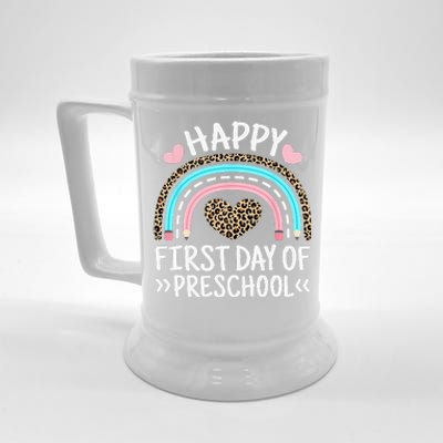 Happy First Day Of Preschool Leopard Rainbow Teacher Student Beer Stein