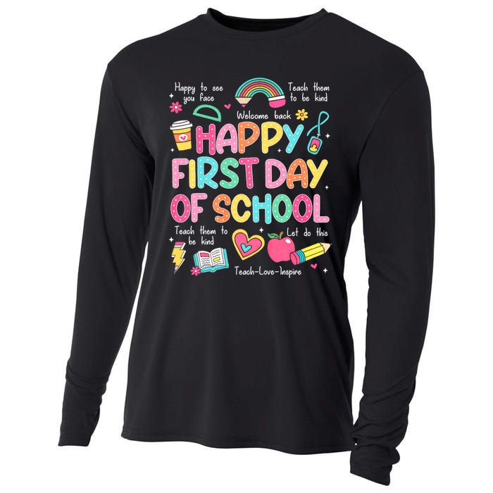 Happy First Day Of School Teacher Back To School Cooling Performance Long Sleeve Crew