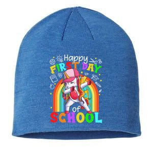 Happy First Day Of School Dabbing Unicorn Cute Funny Gift Sustainable Beanie