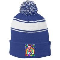 Happy First Day Of School Dabbing Unicorn Cute Funny Gift Stripe Pom Pom Beanie