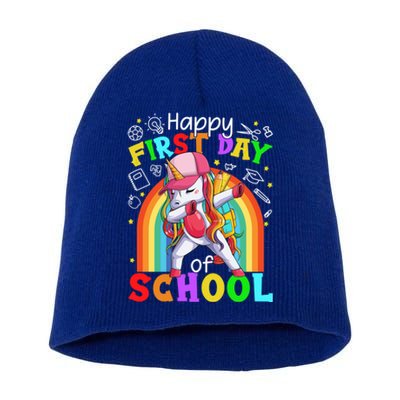 Happy First Day Of School Dabbing Unicorn Cute Funny Gift Short Acrylic Beanie