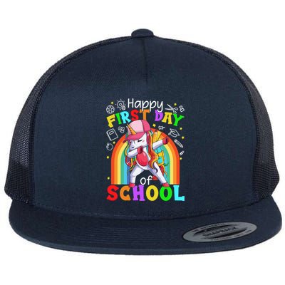 Happy First Day Of School Dabbing Unicorn Cute Funny Gift Flat Bill Trucker Hat