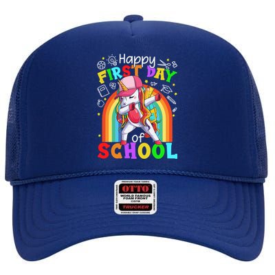 Happy First Day Of School Dabbing Unicorn Cute Funny Gift High Crown Mesh Back Trucker Hat