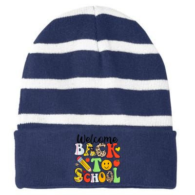 Happy First Day Of School Back To School Excitement Starting Strong School Ad Striped Beanie with Solid Band