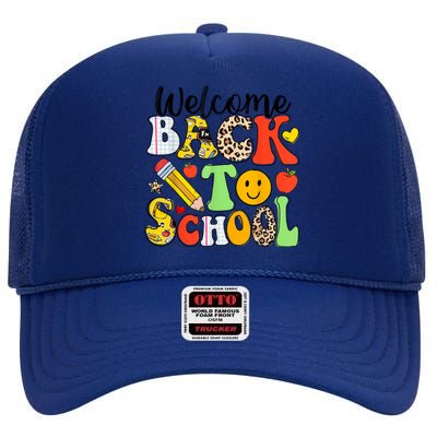 Happy First Day Of School Back To School Excitement Starting Strong School Ad High Crown Mesh Back Trucker Hat