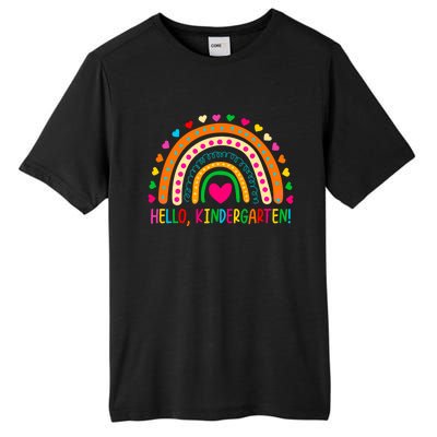 Happy First Day Of School Hello Kindergarten Teacher Rainbow Meaningful Gift Tall Fusion ChromaSoft Performance T-Shirt