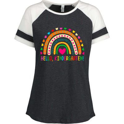 Happy First Day Of School Hello Kindergarten Teacher Rainbow Meaningful Gift Enza Ladies Jersey Colorblock Tee