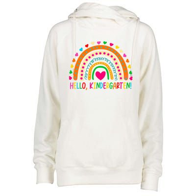 Happy First Day Of School Hello Kindergarten Teacher Rainbow Meaningful Gift Womens Funnel Neck Pullover Hood