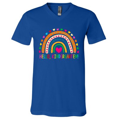 Happy First Day Of School Hello Kindergarten Teacher Rainbow Meaningful Gift V-Neck T-Shirt