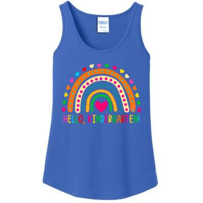 Happy First Day Of School Hello Kindergarten Teacher Rainbow Meaningful Gift Ladies Essential Tank