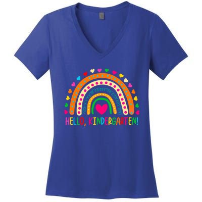 Happy First Day Of School Hello Kindergarten Teacher Rainbow Meaningful Gift Women's V-Neck T-Shirt