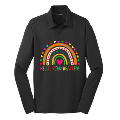 Happy First Day Of School Hello Kindergarten Teacher Rainbow Silk Touch Performance Long Sleeve Polo