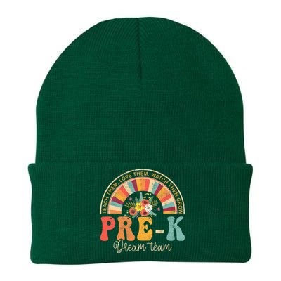 Happy First Day Pre K Team Teacher Kids 60s 70s Hippie Retro Knit Cap Winter Beanie