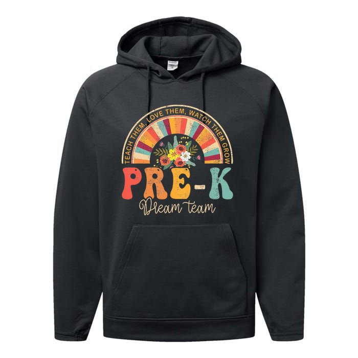 Happy First Day Pre K Team Teacher Kids 60s 70s Hippie Retro Performance Fleece Hoodie