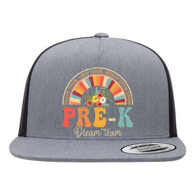 Happy First Day Pre K Team Teacher Kids 60s 70s Hippie Retro Flat Bill Trucker Hat