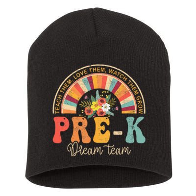 Happy First Day Pre K Team Teacher Kids 60s 70s Hippie Retro Short Acrylic Beanie