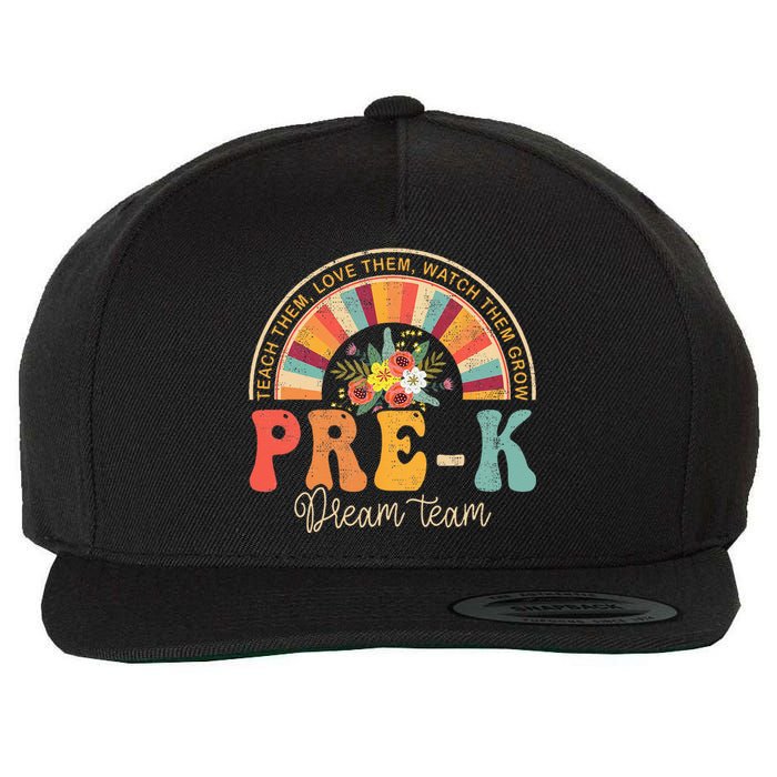 Happy First Day Pre K Team Teacher Kids 60s 70s Hippie Retro Wool Snapback Cap