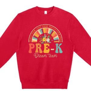 Happy First Day Pre K Team Teacher Kids 60s 70s Hippie Retro Premium Crewneck Sweatshirt