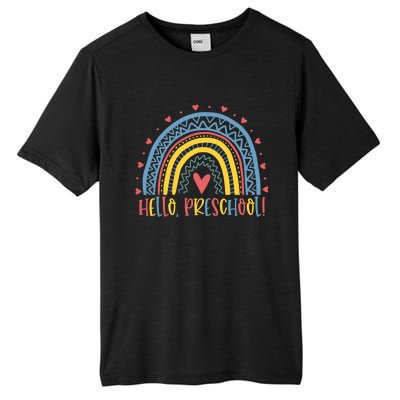 Happy First Day Of School Hello Preschool Teacher Rainbow Great Gift Tall Fusion ChromaSoft Performance T-Shirt