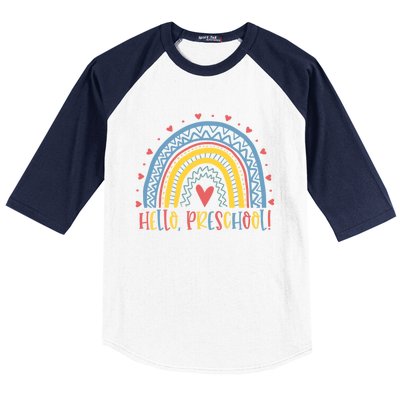 Happy First Day Of School Hello Preschool Teacher Rainbow Great Gift Baseball Sleeve Shirt