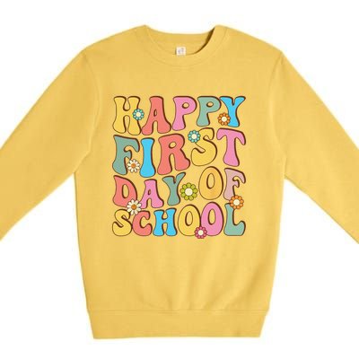 Happy First Day Of School Retro Groovy Teacher & Students Premium Crewneck Sweatshirt