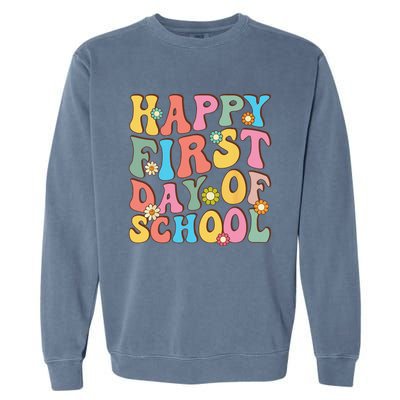 Happy First Day Of School Retro Groovy Teacher & Students Garment-Dyed Sweatshirt