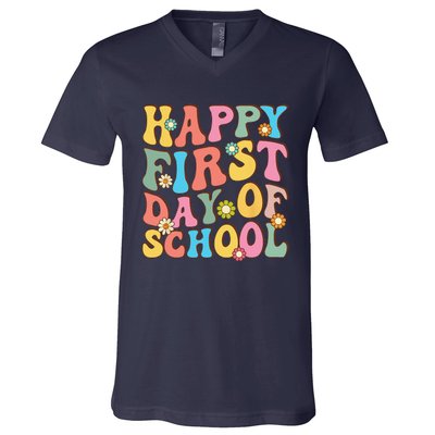 Happy First Day Of School Retro Groovy Teacher & Students V-Neck T-Shirt