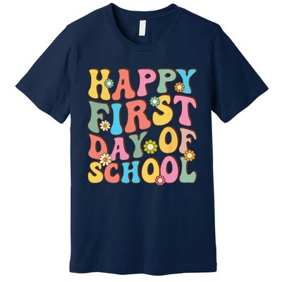 Happy First Day Of School Retro Groovy Teacher & Students Premium T-Shirt