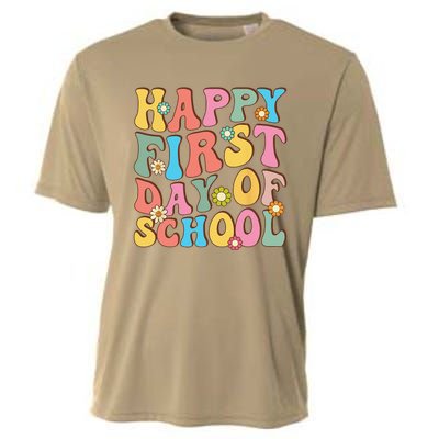 Happy First Day Of School Retro Groovy Teacher & Students Cooling Performance Crew T-Shirt