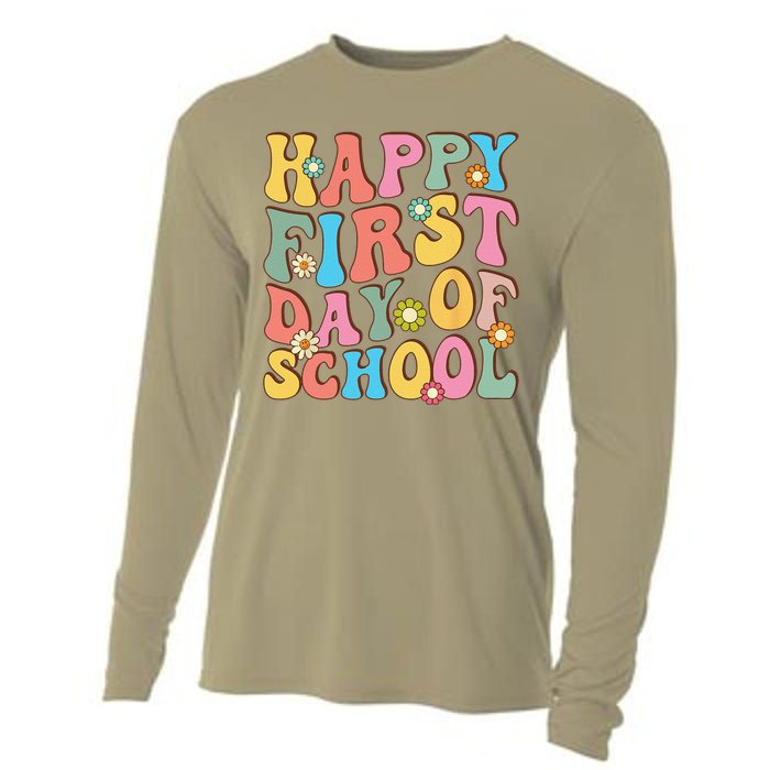 Happy First Day Of School Retro Groovy Teacher & Students Cooling Performance Long Sleeve Crew