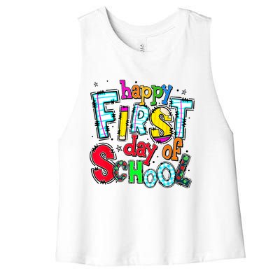 Happy First Day Of School Gifts Students Teachers Women's Racerback Cropped Tank