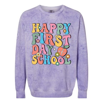 Happy First Day Of School Retro Groovy Teacher And Students Gift Colorblast Crewneck Sweatshirt