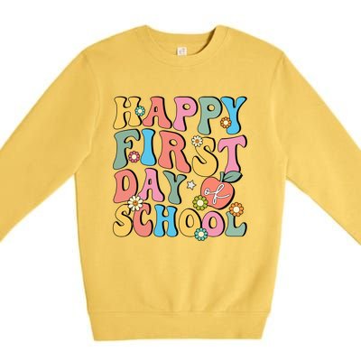 Happy First Day Of School Retro Groovy Teacher And Students Gift Premium Crewneck Sweatshirt