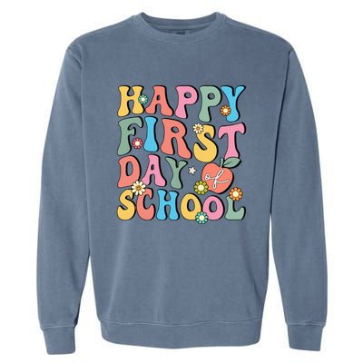 Happy First Day Of School Retro Groovy Teacher And Students Gift Garment-Dyed Sweatshirt