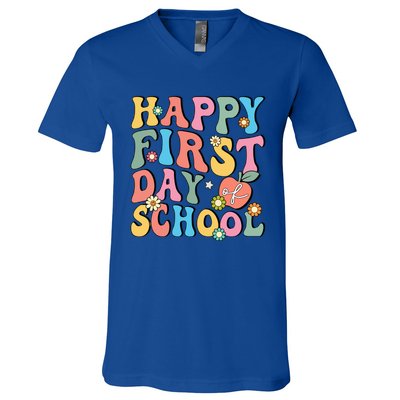 Happy First Day Of School Retro Groovy Teacher And Students Gift V-Neck T-Shirt